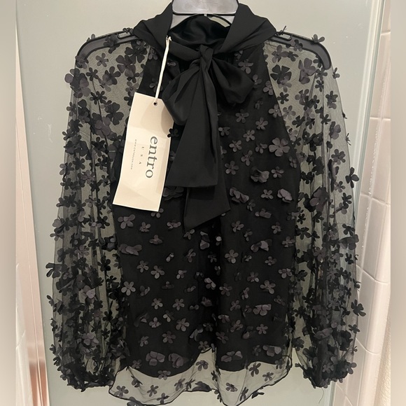 NEW black daisy floral appliqué organza bow blouse - Picture 3 of 6